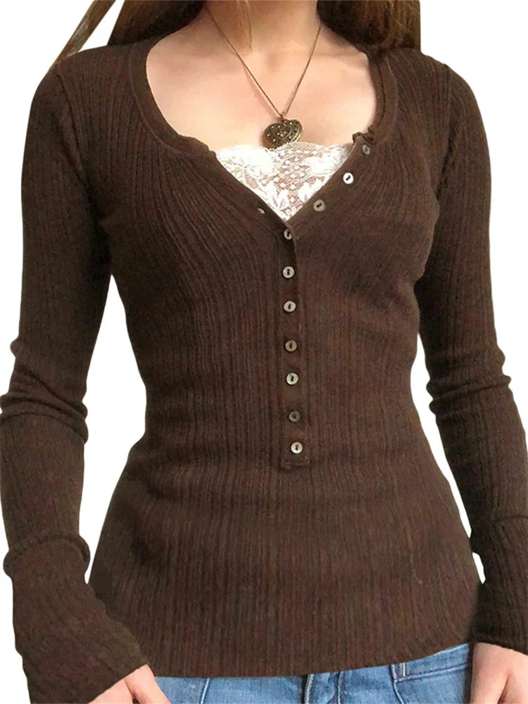 Women's Lace Patchwork Button Front Knit Top – Long Sleeve Slim Fit Sweater