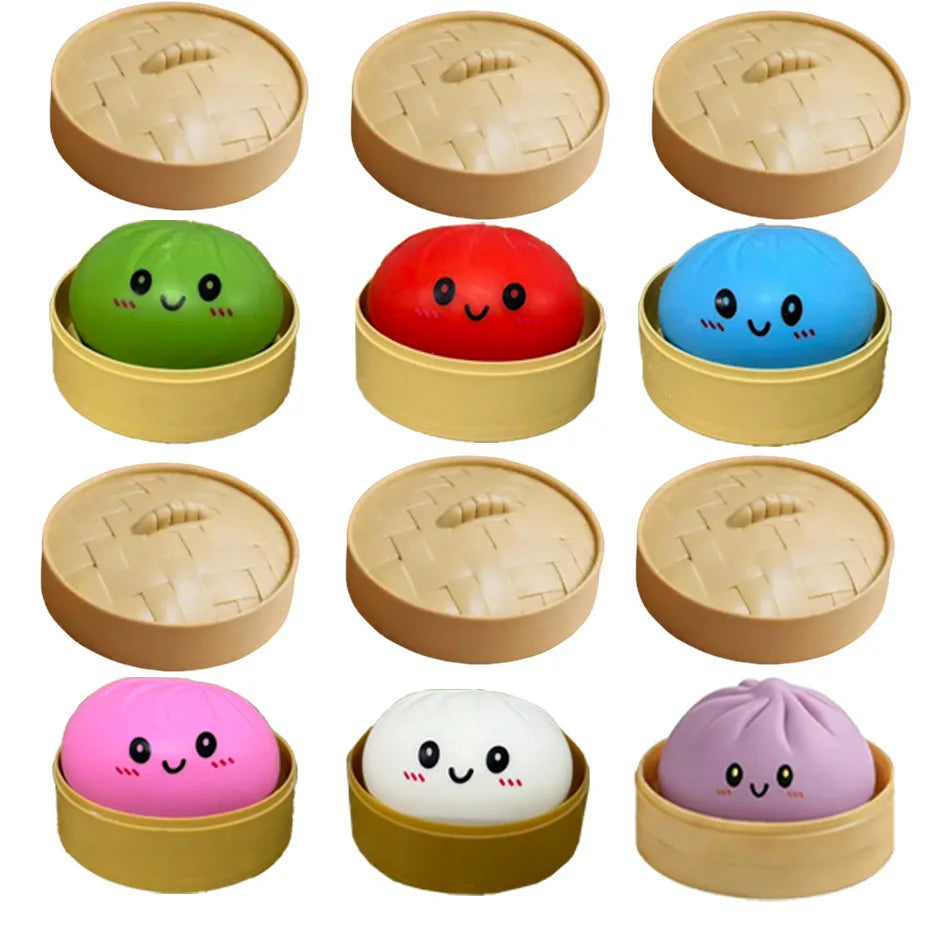Dumpling Squishy Stress Toy – Slow-Rising Soft Fidget with Mini Steamer