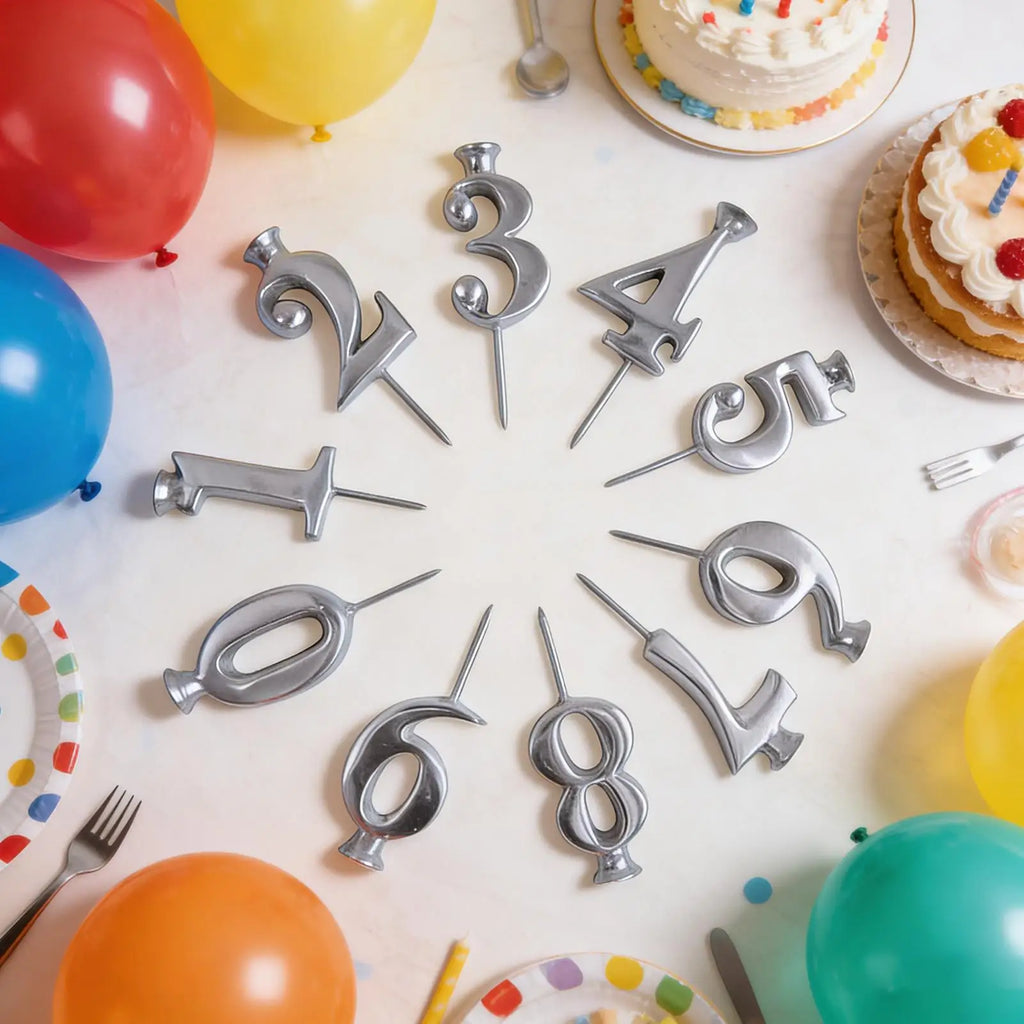 Reusable Silver Number Candle Holder Set (0–9) – Adjustable Birthday Cake Decoration
