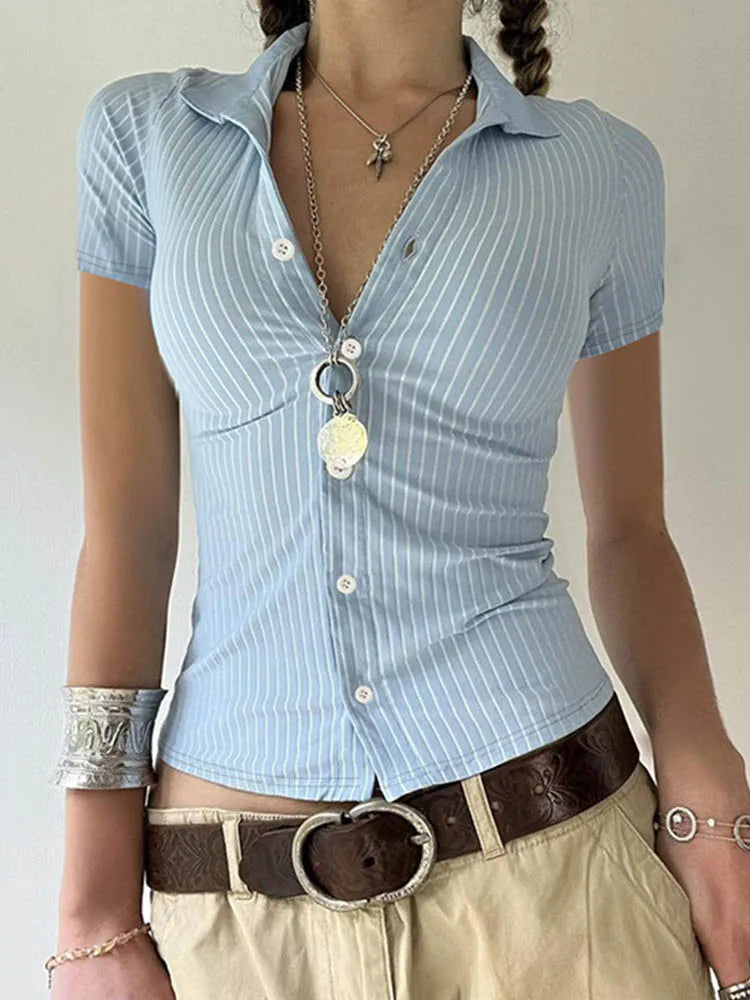 Women’s Blue Striped Button-Up Shirt