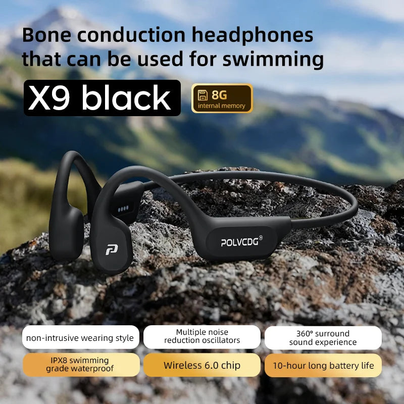 POLVCDG X9 Bone Conduction Bluetooth Headphones – IPX8 Waterproof, 32GB Storage