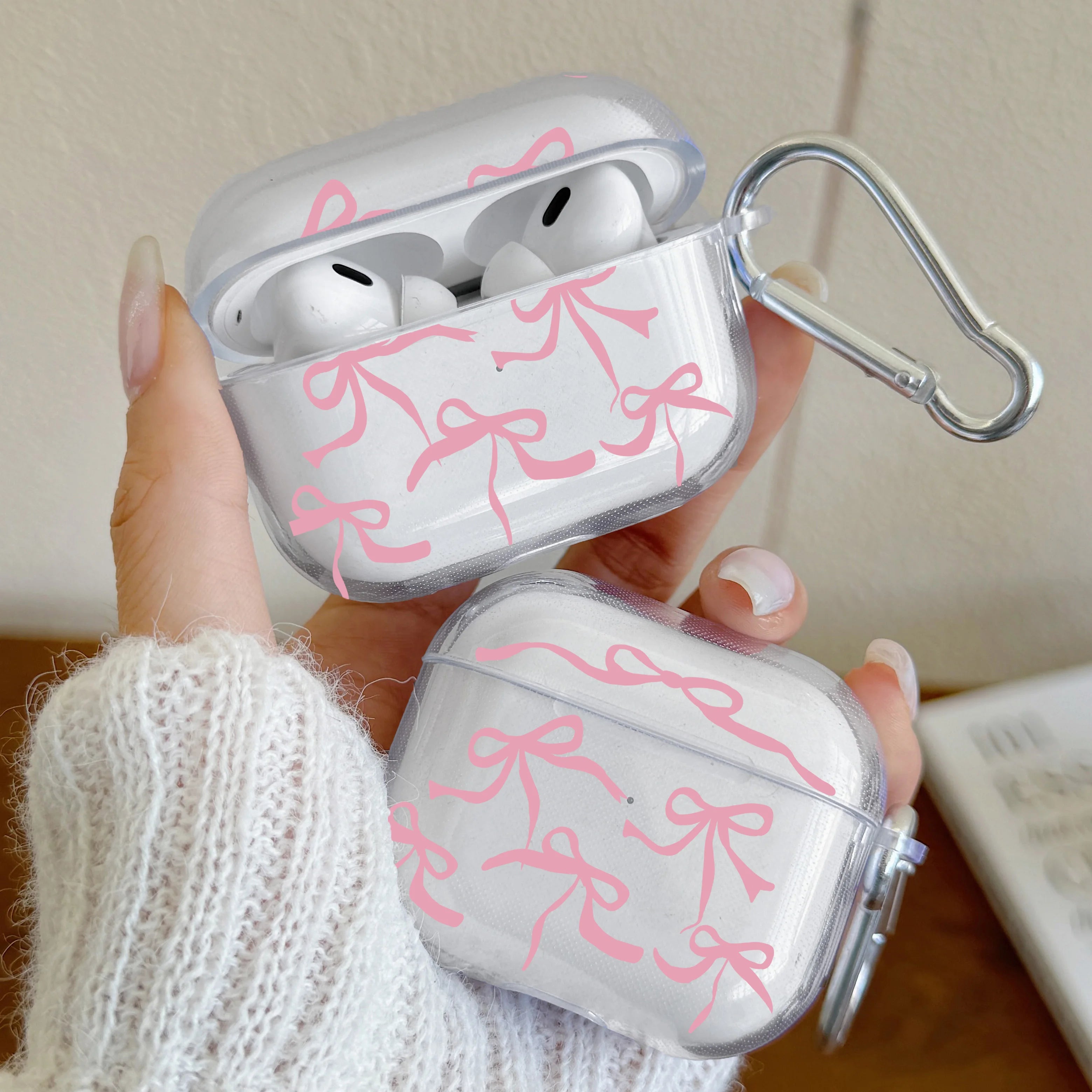 Pink Bow AirPods Case with Keychain – Cute TPU Protective Cover for AirPods