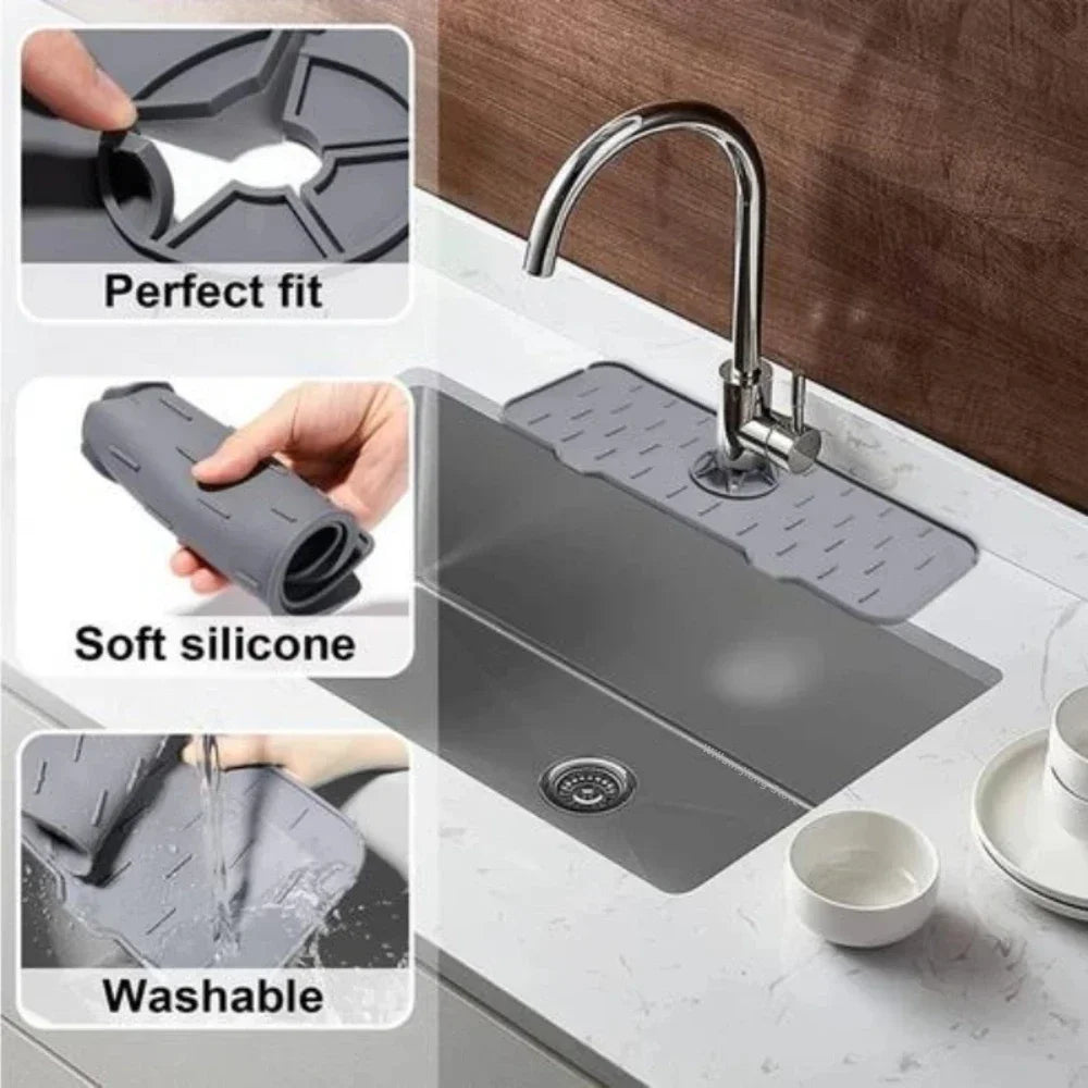 Silicone Faucet Mat & Sink Splash Guard – Foldable Kitchen Countertop Drainage Mat with Sponge Rack
