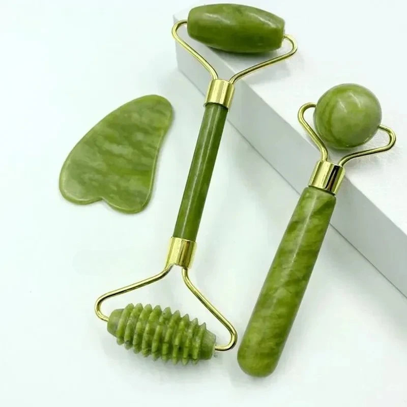 Natural Jade Massage Roller & Gua Sha Set – Facial and Body Massage Tool