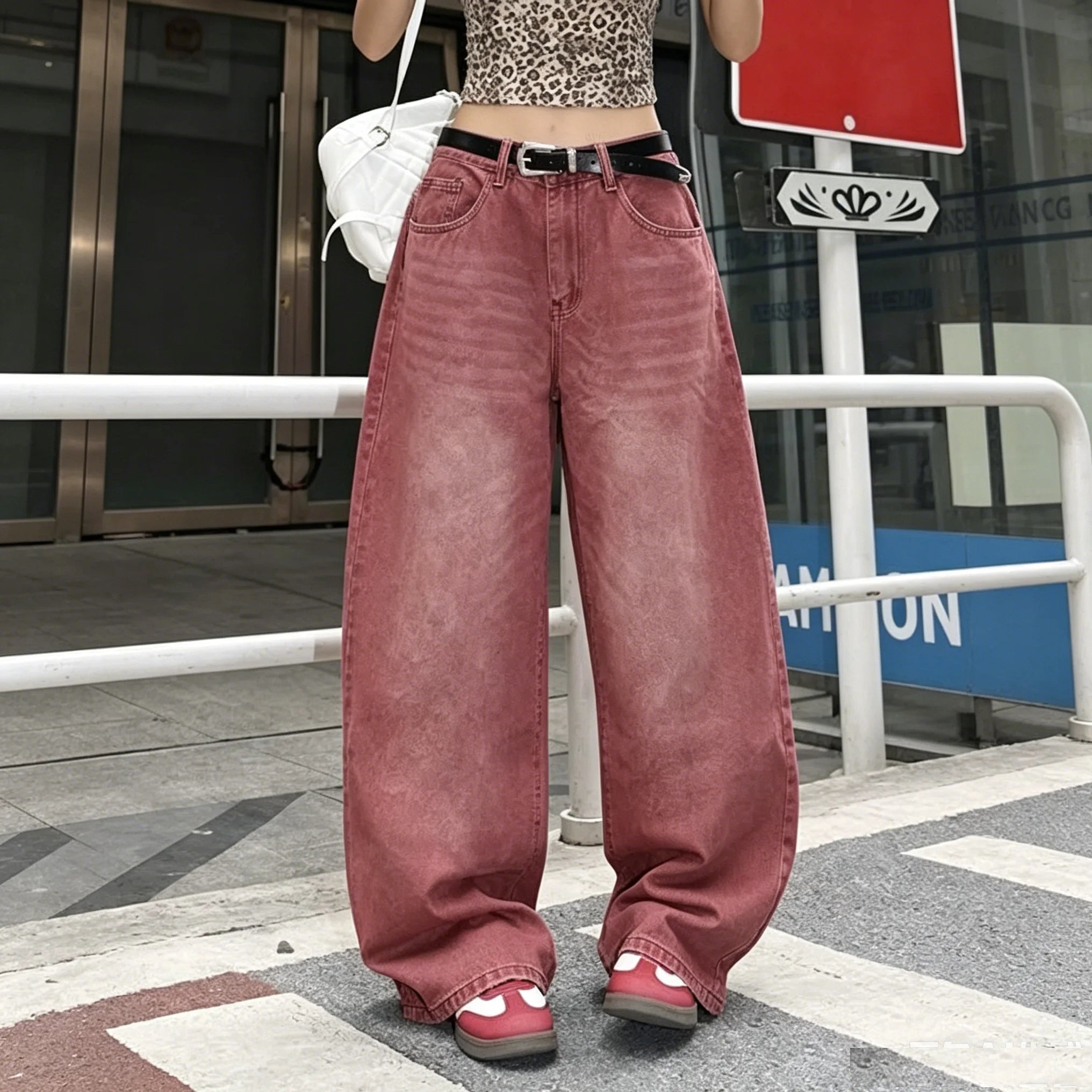 Women's Vintage Washed Wide Leg Jeans – Mid-Rise Relaxed Denim Pants