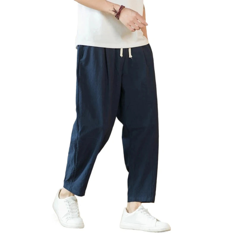 AURELLE Men's Cotton Linen Drawstring Pants – Lightweight Harem-Style Casual Streetwear