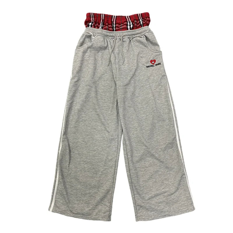 AURELLE Women's Checkered Double-Waist Wide Leg Sweatpants – Letter Embroidery Streetwear
