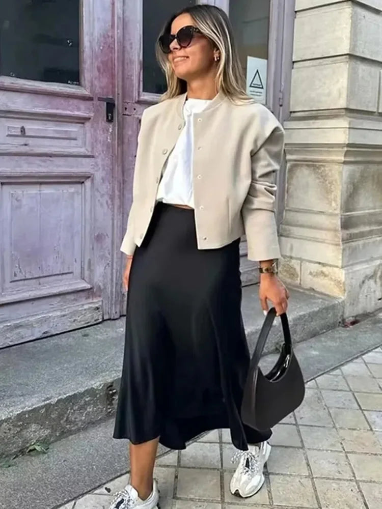 Elegant High-Waist Satin Midi Skirt