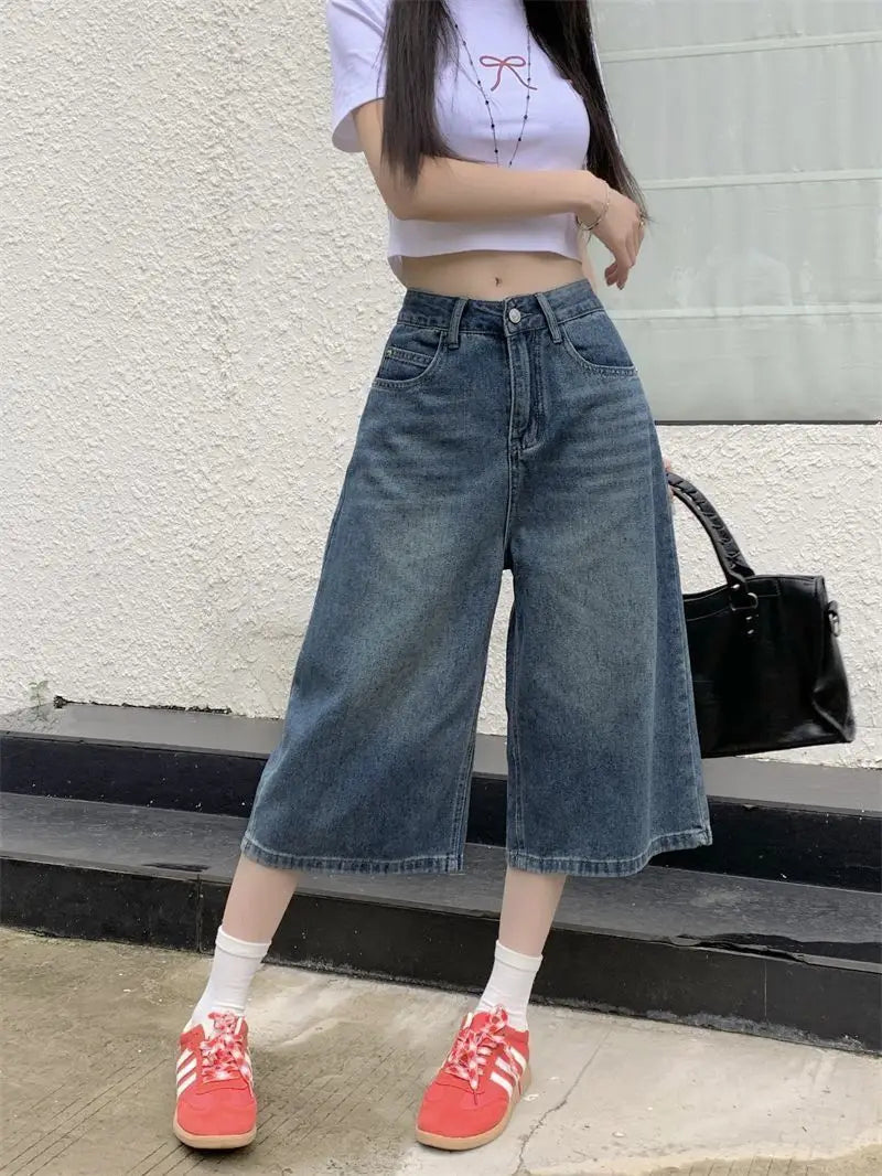 Women's High-Waisted Baggy Denim Shorts – Knee-Length Wide Leg Jeans
