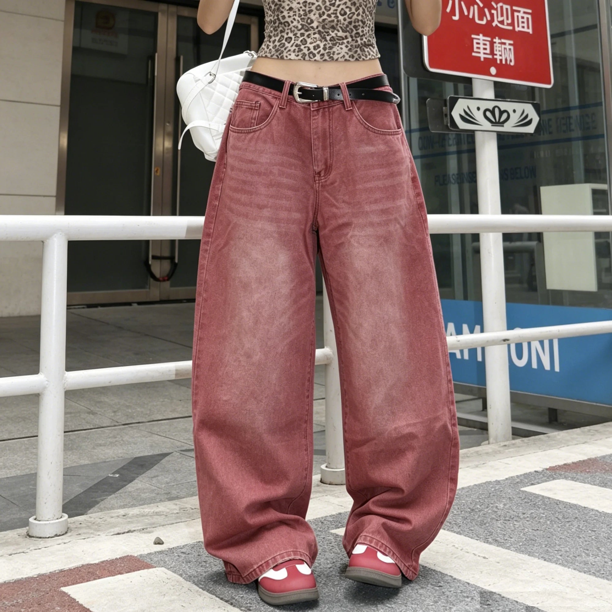 Women's Vintage Washed Wide Leg Jeans – Mid-Rise Relaxed Denim Pants