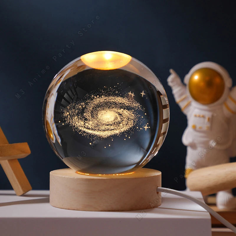 3D Crystal Ball Galaxy Night Light with Wooden USB Base