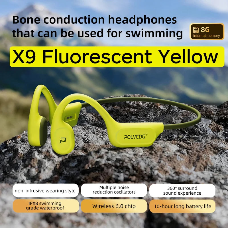 POLVCDG X9 Bone Conduction Bluetooth Headphones – IPX8 Waterproof, 32GB Storage