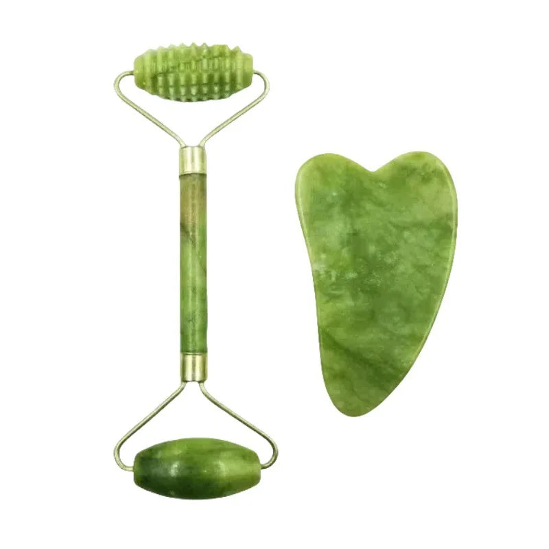 Natural Jade Massage Roller & Gua Sha Set – Facial and Body Massage Tool