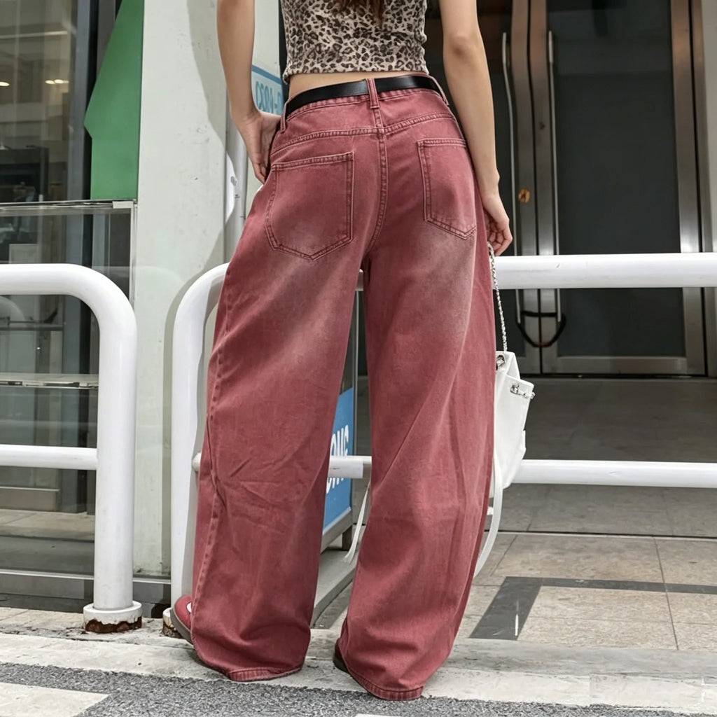 Women's Vintage Washed Wide Leg Jeans – Mid-Rise Relaxed Denim Pants