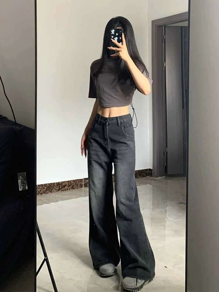 Women's High-Waisted Straight Leg Jeans – Relaxed Vintage Washed Denim Pants