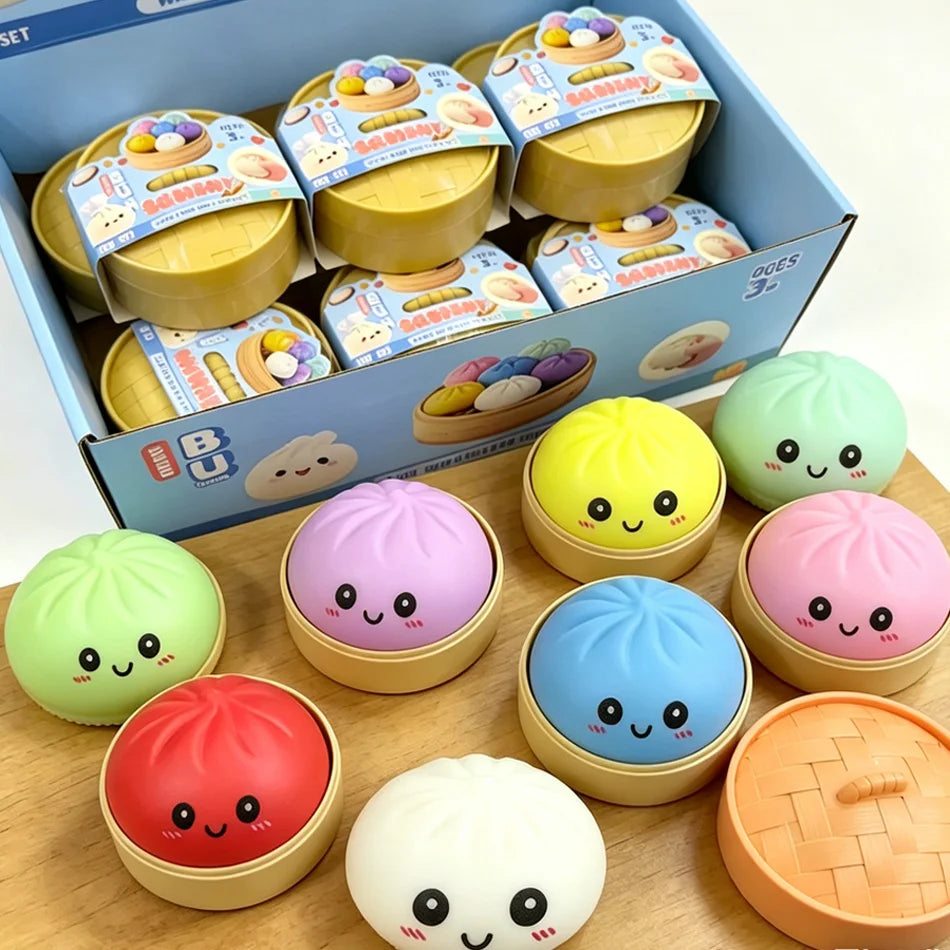 Dumpling Squishy Stress Toy – Slow-Rising Soft Fidget with Mini Steamer