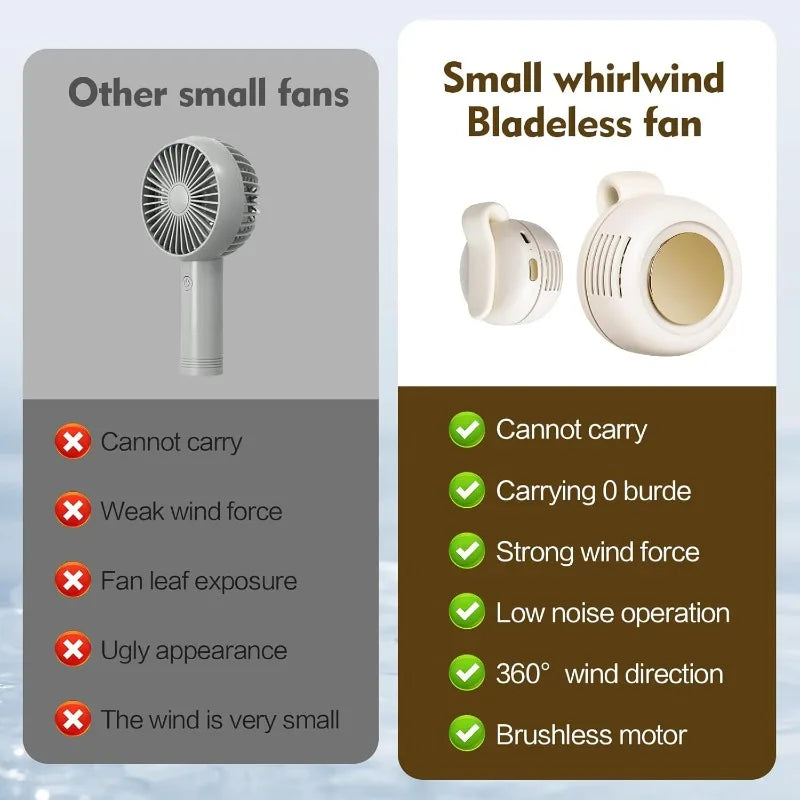 Portable Bladeless Clip-On Mini Fan – USB Rechargeable, 3-Speed Silent Cooling