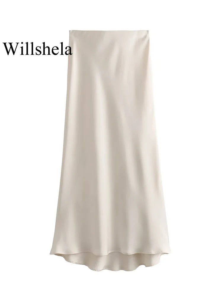 Elegant High-Waist Satin Midi Skirt
