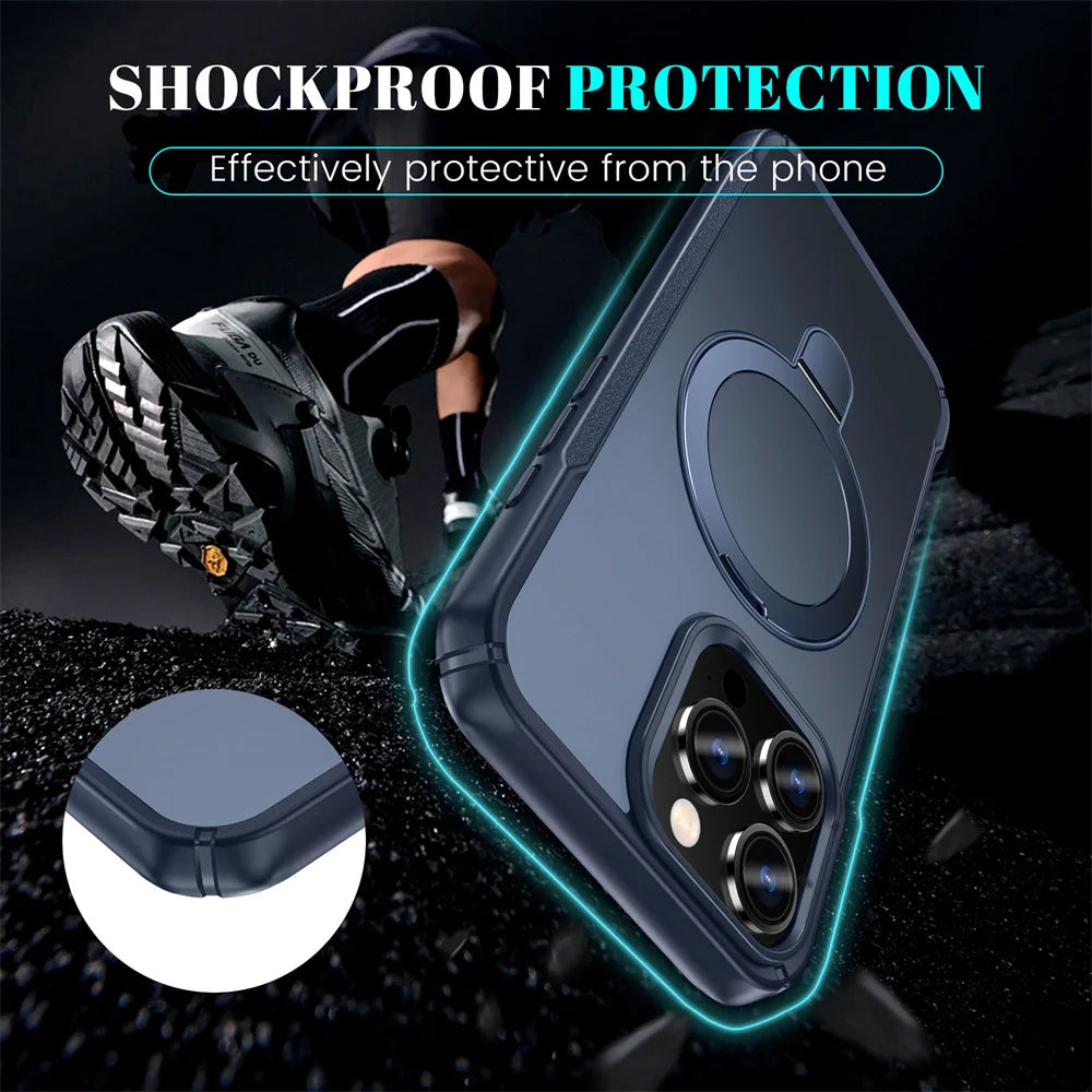 MagSafe Magnetic Folding Stand Case for iPhone 11–18 Series – Anti-Slip Protective Cover with Wireless Charging & Camera Protection