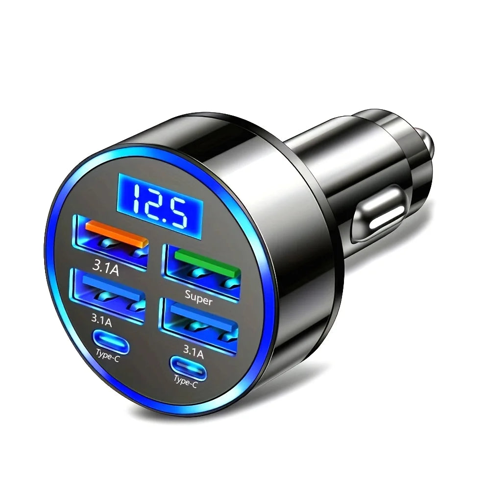 6-in-1 Fast Charging Car Adapter – 3.1A Dual Type-C USB Charger