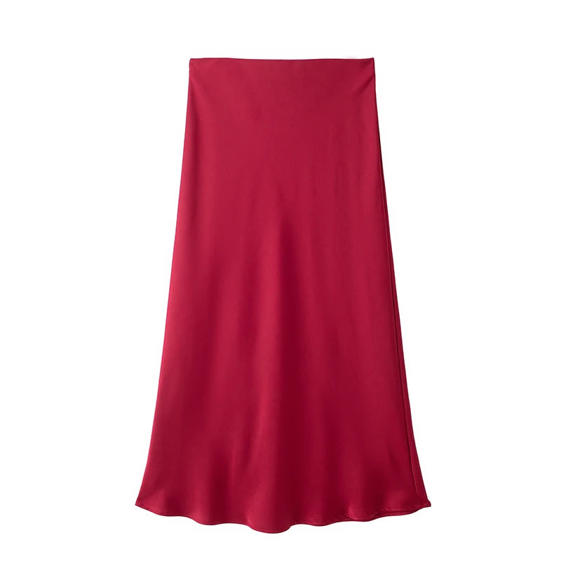 Elegant High-Waist Satin Midi Skirt