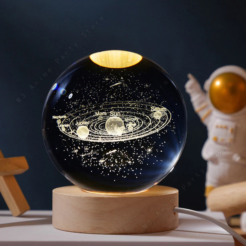 3D Crystal Ball Galaxy Night Light with Wooden USB Base
