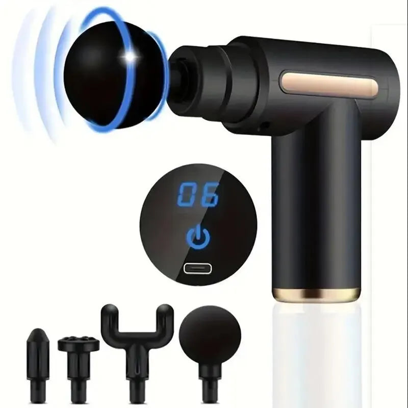 Portable Deep Tissue Massage Gun with 4 Interchangeable Heads – Rechargeable Muscle Massager for Neck, Back & Body