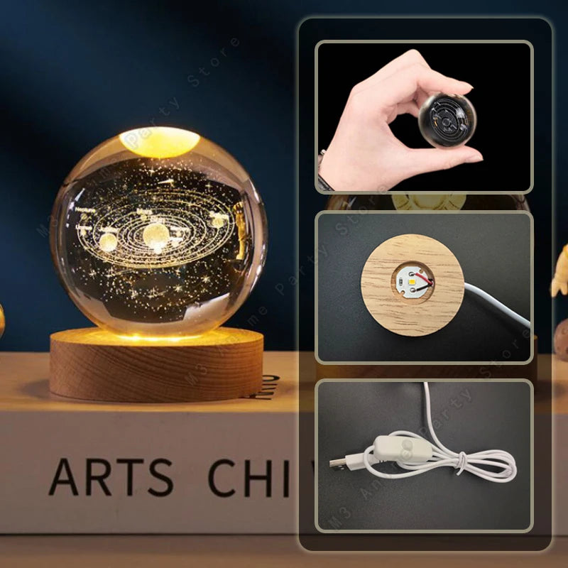 3D Crystal Ball Galaxy Night Light with Wooden USB Base