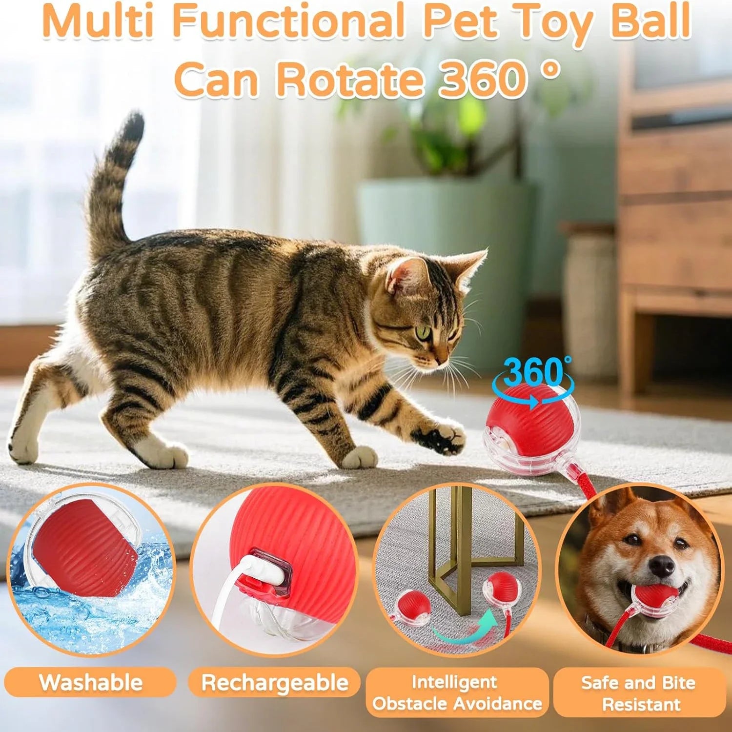 Interactive Automatic Rolling Cat Ball with Moving Tail – Rechargeable Smart Pet Toy