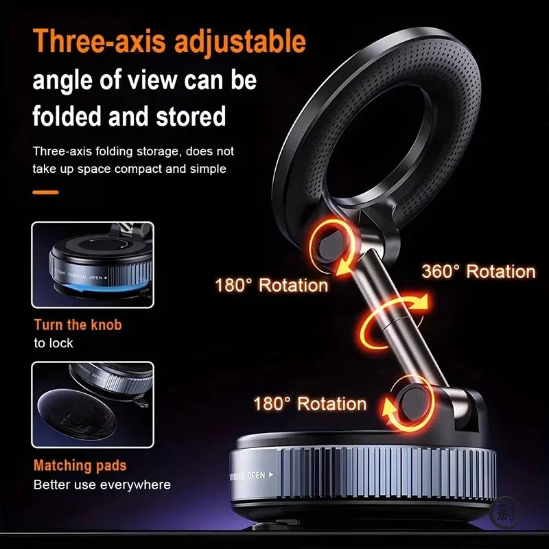 360° Magnetic Car Phone Mount – Foldable Vacuum Suction Dashboard & Windshield Holder