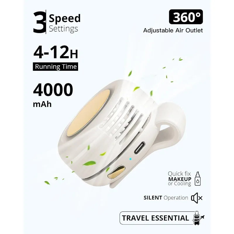 Portable Bladeless Clip-On Mini Fan – USB Rechargeable, 3-Speed Silent Cooling
