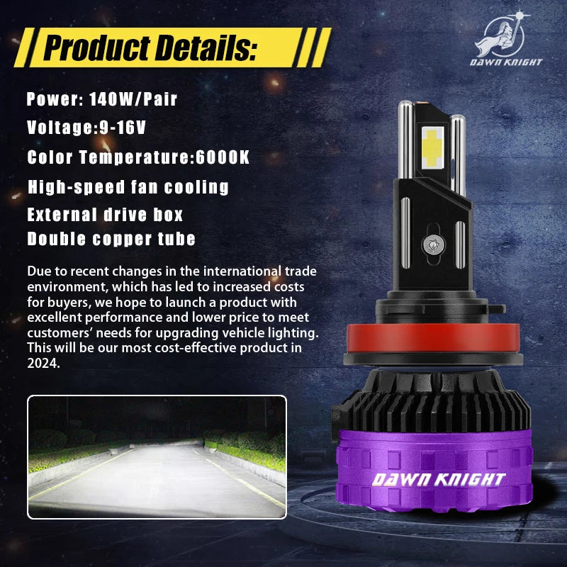 DAWNKNIGHT P7 PLUS 140W LED Headlight Bulbs – H4, H7, H11, 9005 & 9006, 6000K, 12V, 2-Piece Set