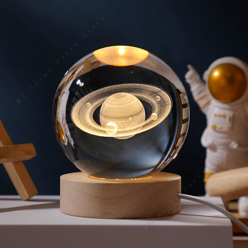 3D Crystal Ball Galaxy Night Light with Wooden USB Base