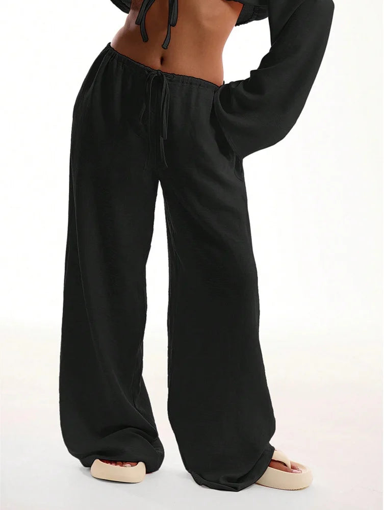 AURELLE Women's Cotton Linen Wide Leg Pants – High Waist Drawstring Baggy Trousers with Pockets