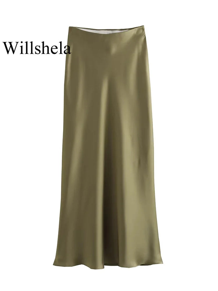 Elegant High-Waist Satin Midi Skirt