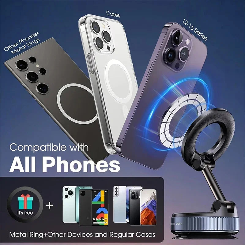 360° Magnetic Car Phone Mount – Foldable Vacuum Suction Dashboard & Windshield Holder
