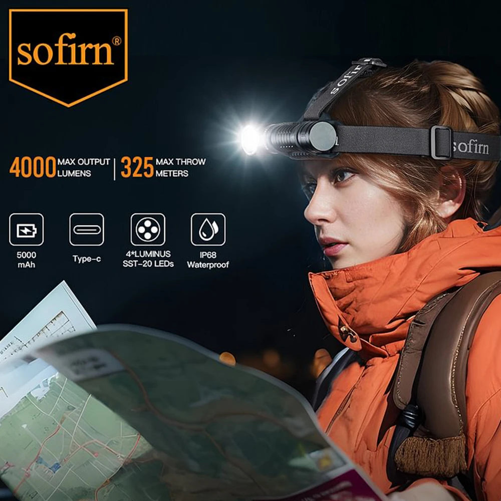 SOFIRN HS41 Headlamp 4000lm 21700 USB C Rechargeable with SST20 LED Torch Indicator with Magnetic Tail Flashlight