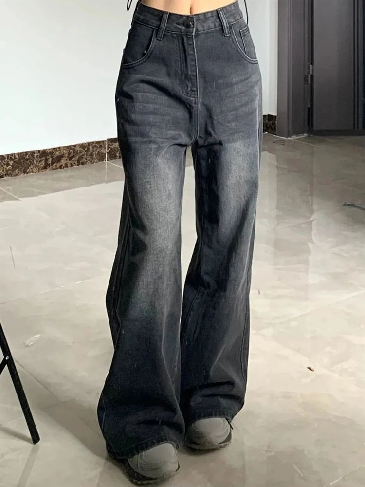 Women's High-Waisted Straight Leg Jeans – Relaxed Vintage Washed Denim Pants