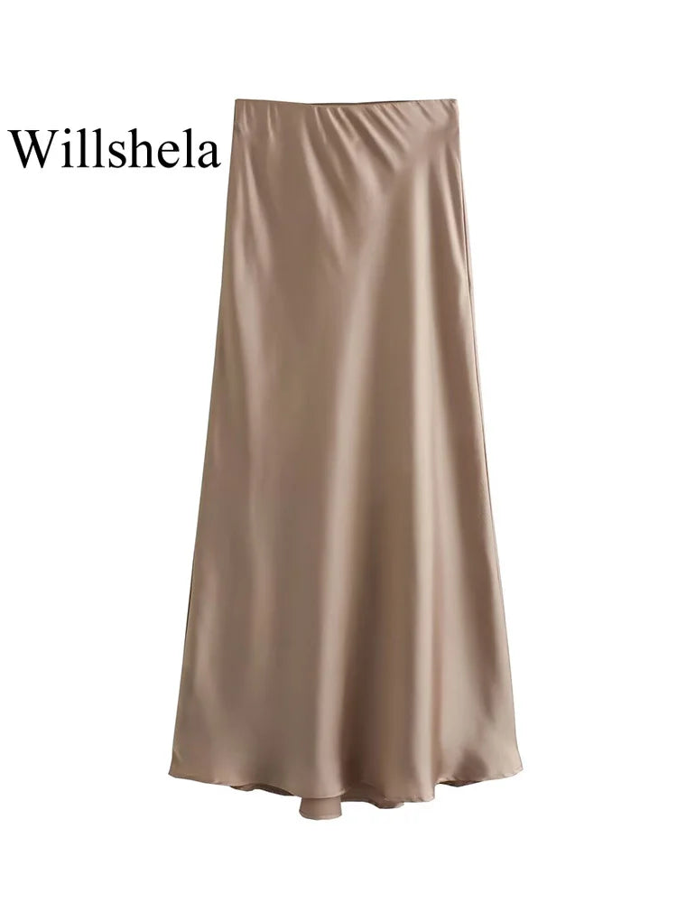 Elegant High-Waist Satin Midi Skirt
