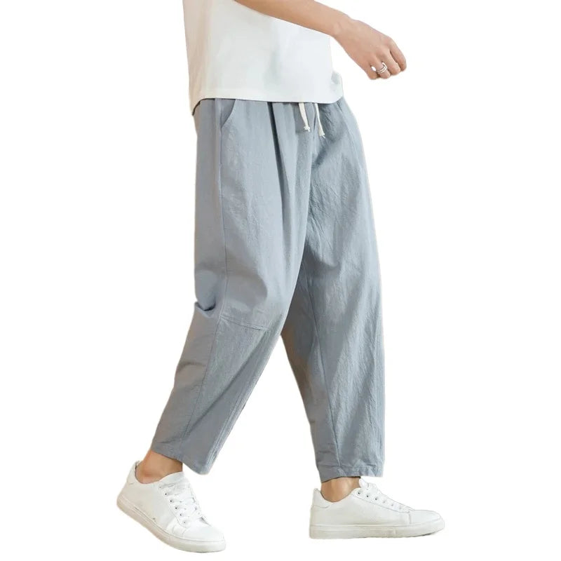 AURELLE Men's Cotton Linen Drawstring Pants – Lightweight Harem-Style Casual Streetwear