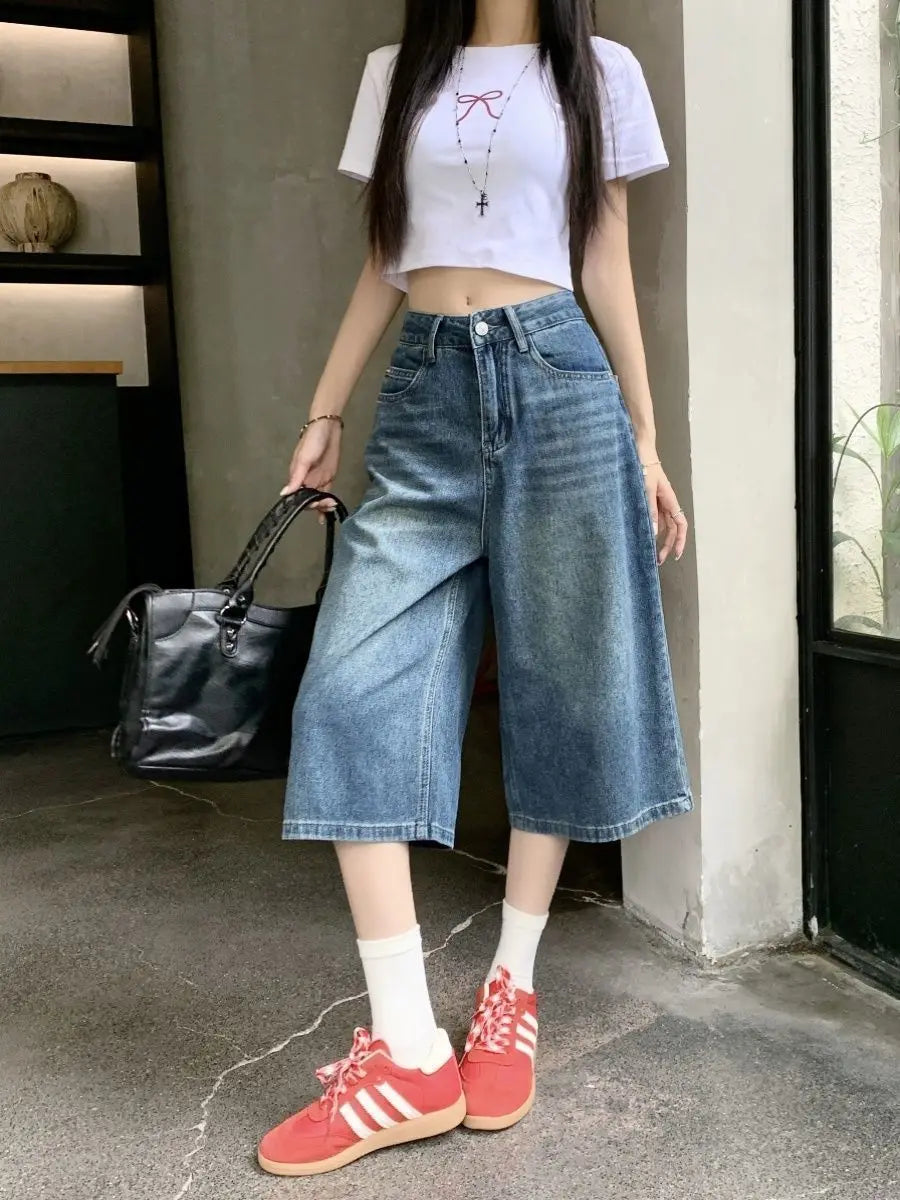 Women's High-Waisted Baggy Denim Shorts – Knee-Length Wide Leg Jeans